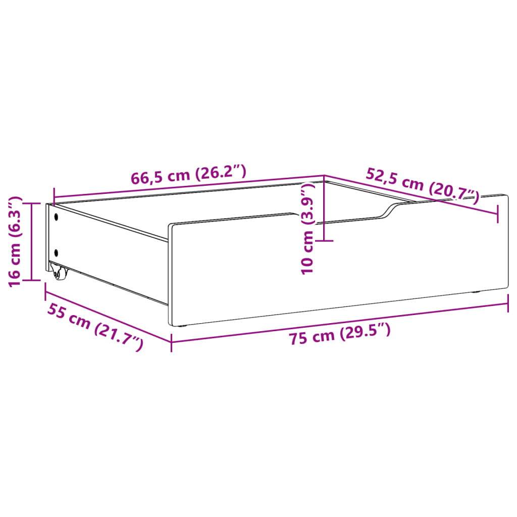 Gavetas para cama 2 pcs 75x55x16 cm pinho maciço branco