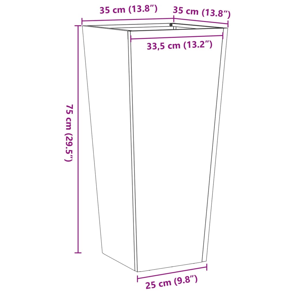 Vaso/floreira de jardim 35x35x75 cm aço preto